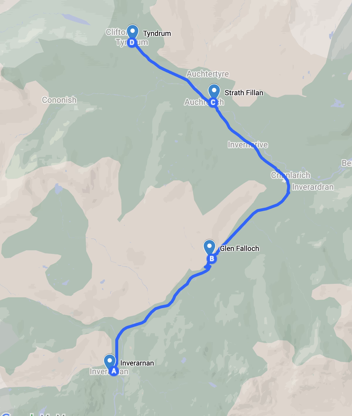 The route of day 3 of the West Highland Way hike in Scotland from  Inverarnan to Tyndrum